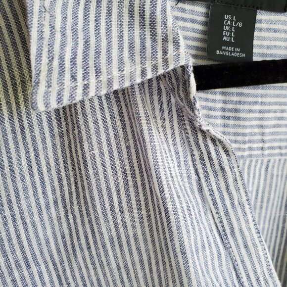 TAHARI 100% Linen Long Button Down Shirt Steel Blue and White Stripes Size L - Picture 7 of 15